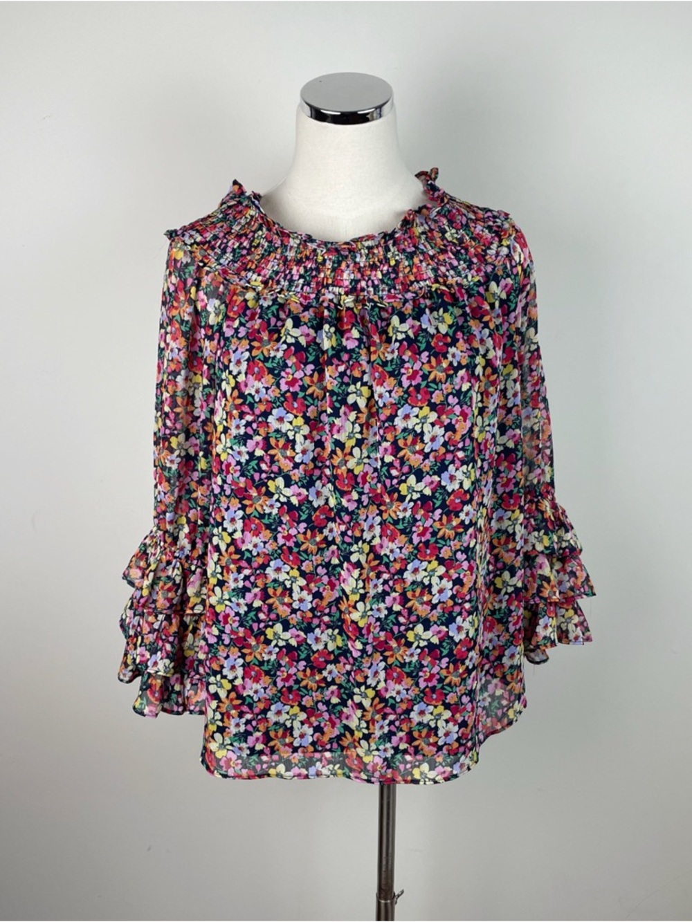CeCe Colorful Black Red Yellow Floral Smock Ruffle Bell Sleeve Blouse Top